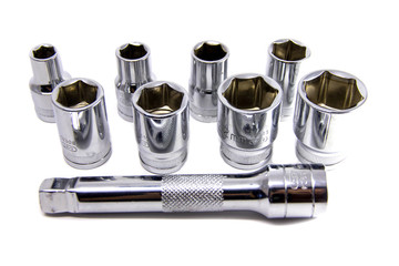 Set of socket metal wrench with black handle over white isolated background, different foreshortenings