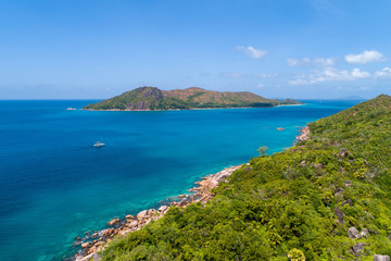 Aerial view of beautiful island at Seychelles in the Indian Ocean. Top view from drone