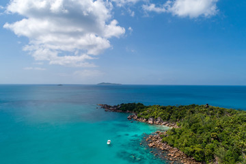 Aerial view of beautiful island at Seychelles in the Indian Ocean. Top view from drone