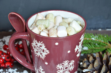 Homemade Tasty Hot Chocolate in Glass with Marshmallow Festive Christmas Background Candy Cane Horizontal Copy Space