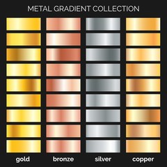 Metallic gradations. Argent and copper gradients, gold and bronze metals, silver texture, rose iron frame, polished metal or foil, vector illustration