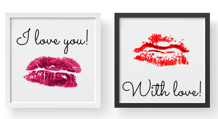 Lipstick kiss print. Female sexy red lips. Sexy lips makeup, kiss mouth, modern frame and place for text