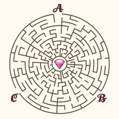Maze. Vector labyrinth path game, illustration maze concept with three entrances and diamond solution