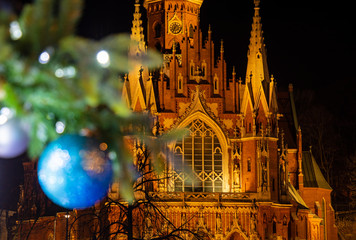 Christmas decorations in front of the Holy Church Jozefa in Cracow, Poland