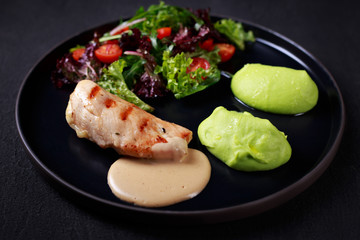 diet food, keto, protein meals, baked chicken meat, salad and broccoli puree, continental breakfast