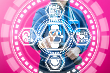Sportsman selects a smart watch heart pulse icon on a virtual screen. Mind wrist fit bracelet band. Sporting innovative digital assistant monitoring health technology.