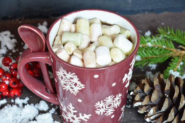 Homemade Tasty Hot Chocolate in Glass with Marshmallow Festive Christmas Background Candy Cane Horizontal Copy Space