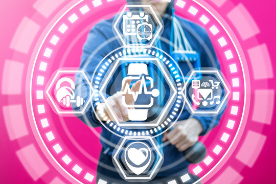 Sportsman selects a smart watch heart pulse icon on a virtual screen. Mind wrist fit bracelet band. Sporting innovative digital assistant monitoring health technology.