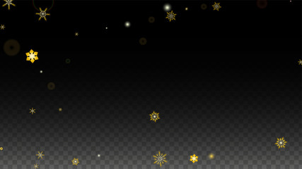 Christmas  Vector Background with Gold Falling Snowflakes Isolated on Transparent Background. Realistic Snow Sparkle Pattern. Snowfall Overlay Print. Winter Sky. Design for Party Invitation.