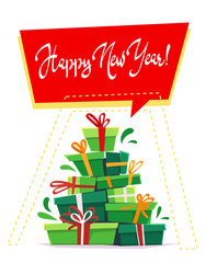 gift box with ribbon and tired bow , many gifts boxes and garland decor presents wishes stack, holiday greeting postcard card party invitation . vector cartoon funny style illustration