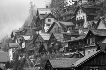 Village of Hallstatt in the morning time the weather so cold and fresh air. The house mix material wood and concrete and design house from medieval era style - This city is UNESCO world heritage site.