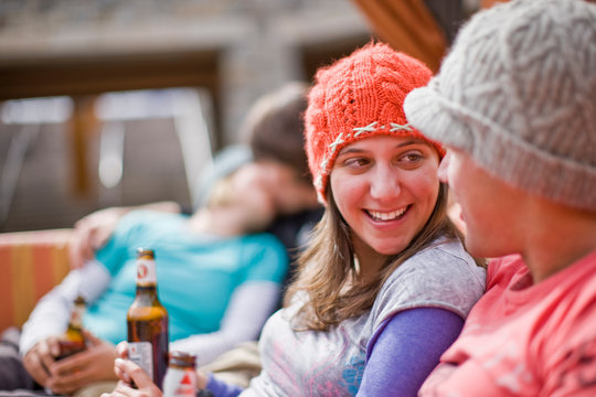 Couple relaxing at a ski lodge