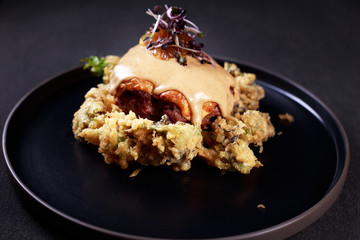 beefsteak, schnitzel, roasted meat with crunchy cabbage and mustard sauce. restaurant menu, nourishing dinner