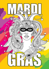 Vector placard with woman face in outline clown cap, mask, peacock feathers, ornate collar and beads in black and white on the colorful background. Mardi Gras party or carnival design in contour.