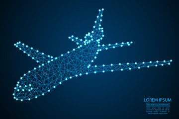 Aircraft consisting of 3D triangles, lines, points and connections. Vector illustration EPS 10.