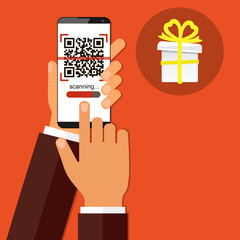 Hand holding smartphone with QR code on screen and gift. Scan QR code and get a gift or discount concept. Vector illustration