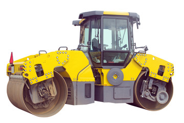 Image of yellow road roller on white background.