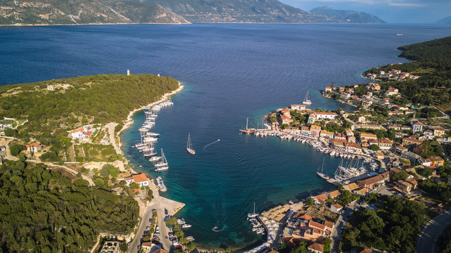 Aerial view of Fiskardo port, Kefalonia, Greece