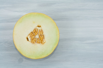 A half of cantaloupe melon.