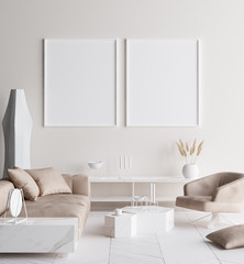 Mock up poster frame in modern home interior. Scandinavian style. 3d render - obrazy, fototapety, plakaty