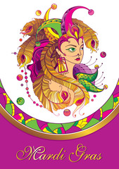 Vector placard with girl face in outline clown cap, golden peacock feather, ornate collar and colorful beads on the violet background. Mardi Gras carnival party or masquerade design in contour style.