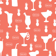 Cocktail glass seamless vector pattern. White alcohol drinking glasses on coral background with Cheers lettering and pineapples. For background, restaurants, menu, bar menu, decoration, summer party