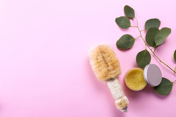 Spa beauty products with palm fiber dry body brush for scrubbing, peeling and massage. Beauty blogger, spa and wellness center concept. Top view, close up, cop space, flat lay.