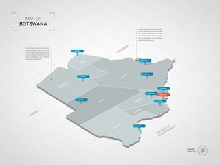 Isometric  3D Botswana map. Stylized vector map illustration with cities, borders, capital, administrative divisions and pointer marks; gradient background with grid. 