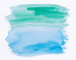 Abstract hand painted blue and green colored watercolor background with watercolour stains and paper texture on white background.