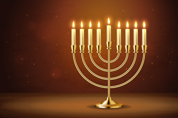 Fototapeta na wymiar Golden realistic menorah, candlestick with burning candles, Hanukkah holiday, celebration, candelabrum, traditional Israel decoration, vector illustration