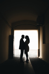 Silhouettes of two loving people. Photos of the bride and groom on the wedding day