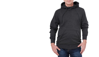 Man in black sweatshirt, black hoodies. white background