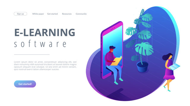 Student sitting in huge mobile phone and reading book and girl reading. Online reading, online education and courses, e-learning software concept. Isometric 3D website app landing web page template