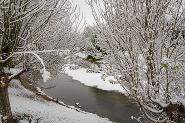 Winter landscape, small river on the public park