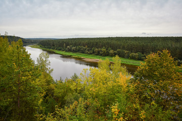 Fototapeta na wymiar Autumn landscape on cool, cloudy day. Panoramic view of the forest and Neman river.
