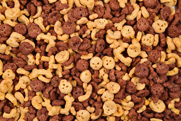  Chocolate flakes in the form of skulls and bones background. Top view.