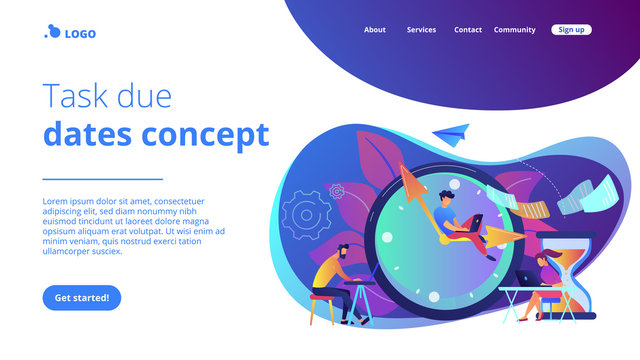 Busy business people with laptops hurry up to complete tasks at huge clock and hourglass. Deadline, project time limit, task due dates concept. Website vibrant violet landing web page template.