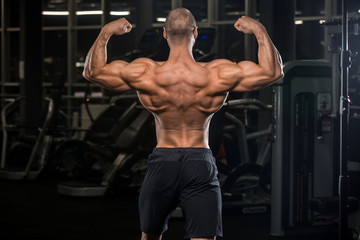 Fototapeta na wymiar The back view of torso of attractive male body builder on dark background