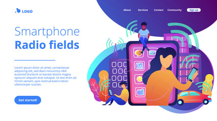 People using different electronic devices such as smartphone, laptop, tablet. Radio fields, electromagnetic pollution, radiation concept, violet palette. Vector illustration on white background.