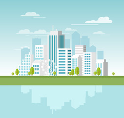 Illustration vectorielle du paysage urbain moderne avec des gratte-ciel blancs et de grands bâtiments. Modèle de site Web de concept pour la conception de bannières dans un style plat.