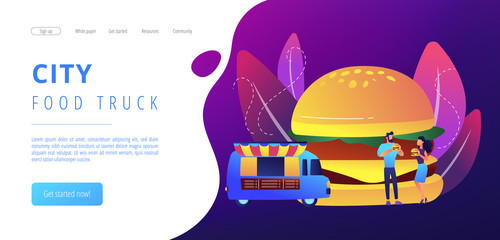 Huge hamburger and businessman and woman eating in the street near truck. Street food, city food truck, street food festival concept. Website vibrant violet landing web page template.