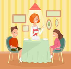 Vector illustration of family meal concept. Mother , son and daughter together at the table and have dinner in cartoon flat style.