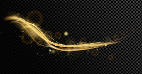Vector illustration of golden dynamick lights linze effect with srarcles isolated on transparent background. Abstract background for science, futuristic, energy technology concept. Digital image lines