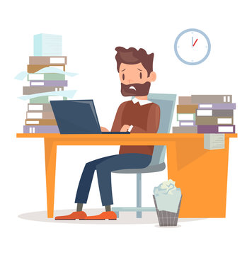 Vector illustration of unhappy tired businessman sitting at the desk with computer and a lot of papers and documents. A lot of work for manager character. Business concept in flat cartoon style.