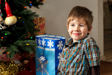 Fototapeta na wymiar Cute Boy Smirking by a Christmas Tree with Gift Bags