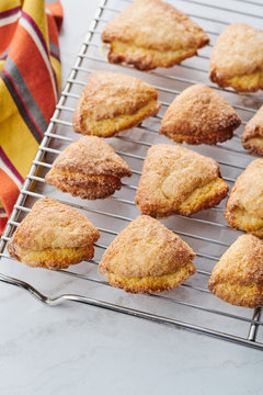 Batch of freshly baked cottage cheese biscuits on cooling rack