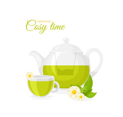 Vector illustration of pot and cup of herbal tea isolated on white background. Tea concept, herbal tea with chamomile and mint in flat style.