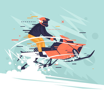 man riding a snowmobile, winter. Flat vector illustration in cartoon style.	