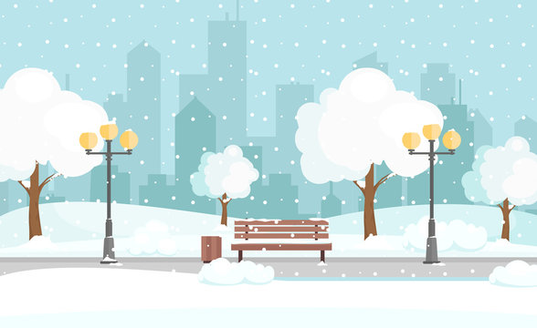 Vector illustration of winter city park with snow and big modern city background. Bench in winter city park, winter holidays concept in flat cartoon style.