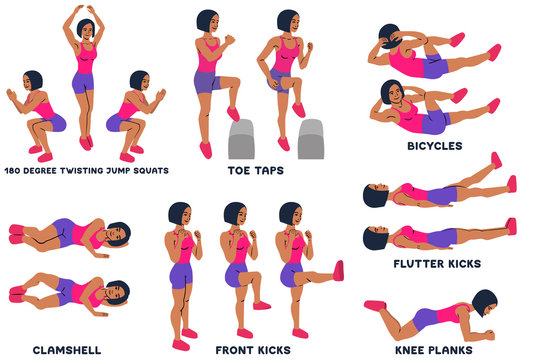 180 degree twisting jump squats. Toe taps. Bicycles. Clamshell. Front kicks. Knee planks. Sport exersice. Silhouettes of woman doing exercise. Workout, training.